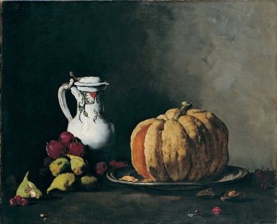 Still Life with Pumpkin, Plums, Cherries, Figs and Jug by Auguste Theodule Ribot